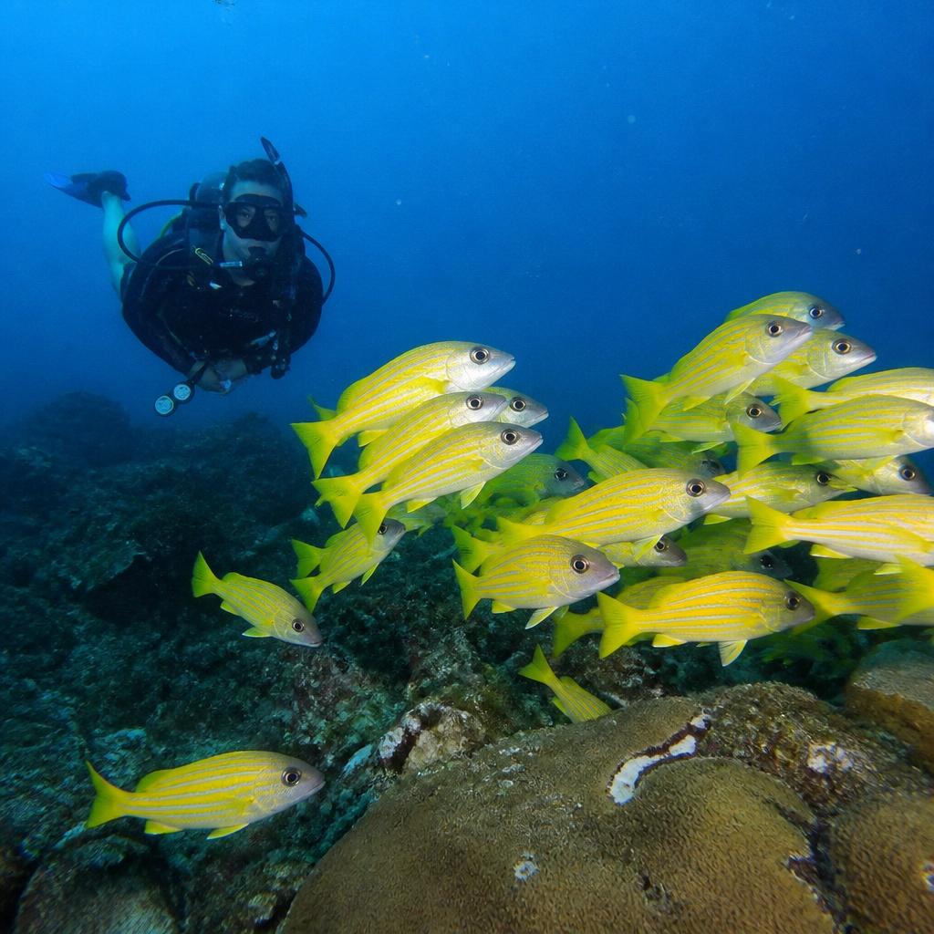 Diver swimming alongside a school of yellow fish on a coral reef