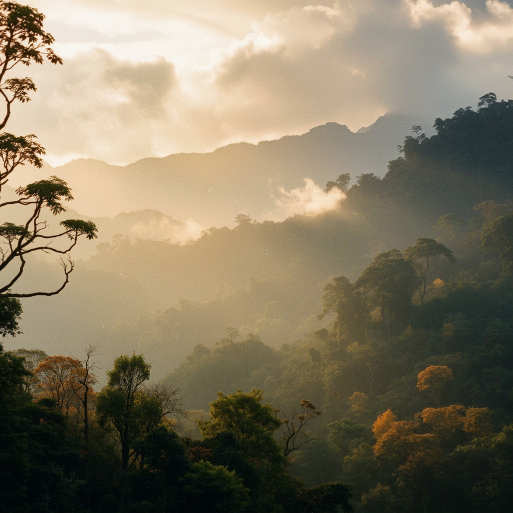 Misty Costa Rica mountains at sunset with lush foliage